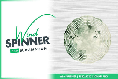 Wind Spinner Round Png Design with Green and White Floral Pattern on Wood Grain Sublimation Regulrcrative 