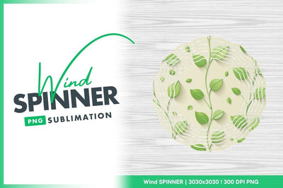 Wind Spinner Round Png Design with Green Leaves on Wood Grain Background Sublimation Regulrcrative 