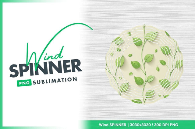 Wind Spinner Round Png Design with Green Leaves on Wood Grain Background Sublimation Regulrcrative 