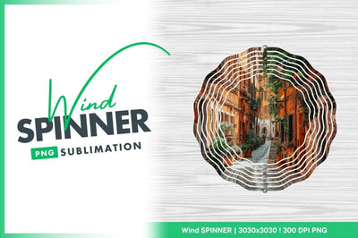 Wind Spinner Round Png Design with Italian Street Scene on Wood Grain Background Sublimation Regulrcrative 