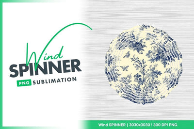Wind Spinner Round Png with Blue Floral Pattern and Butterflies on White Wood Background Sublimation Regulrcrative 