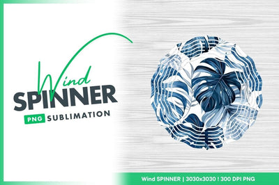 Wind Spinner Round Png with Blue Tropical Leaves on White Wood Background Sublimation Regulrcrative 