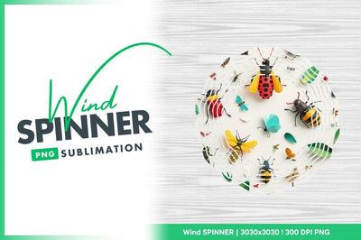 Wind Spinner Round Png with Colorful Insects and Leaves on White Wood Texture Sublimation Regulrcrative 