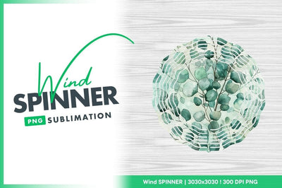 Wind Spinner Round Png with Eucalyptus Leaves and White Wood Background Sublimation Regulrcrative 