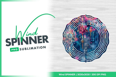 Wind Spinner Round Png with Floral Design and White Lines on Wood Grain Background Sublimation Regulrcrative 