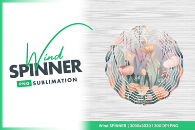Wind Spinner Round Png with Floral Illustration on Wood Grain Background Sublimation Regulrcrative 