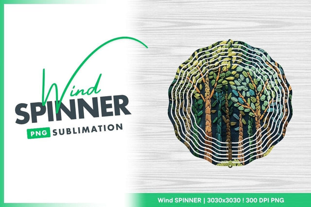 Wind Spinner Round Png with Forest Trees Design on Wood Grain Background Sublimation Regulrcrative 