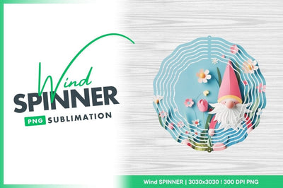 Wind Spinner Round Png with Gnome and Flowers on Blue Background Sublimation Regulrcrative 