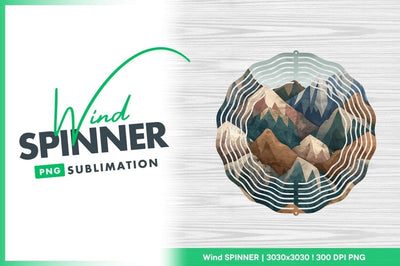 Wind Spinner Round Png with Mountain Landscape Design on Wood Grain Background Sublimation Regulrcrative 