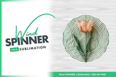 Wind Spinner Round Png with Peach Tulip and Green Leaves on Wood Grain Sublimation Regulrcrative 