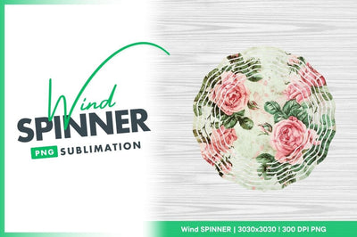 Wind Spinner Round Png with Pink Roses and Green Leaves on White Wood Sublimation Regulrcrative 