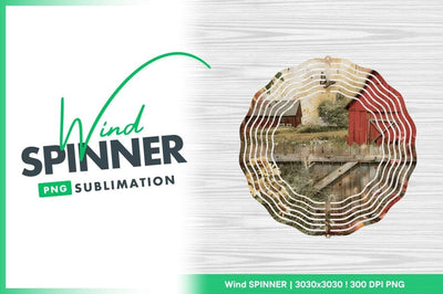 Wind Spinner Round Png with Red Barn and Wooden Fence Scene Sublimation Regulrcrative 
