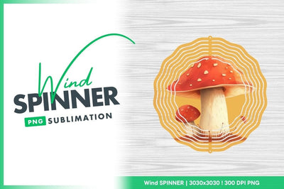 Wind Spinner Round Png with Red Mushroom Illustration on Wood Grain Background Sublimation Regulrcrative 