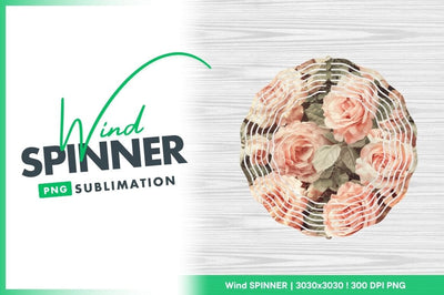 Wind Spinner Round Png with Roses Floral Design on Wood Grain Background Sublimation Regulrcrative 