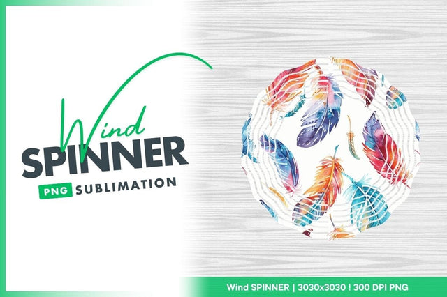 Wind Spinner Round Png with Watercolor Feathers Design Sublimation Regulrcrative 