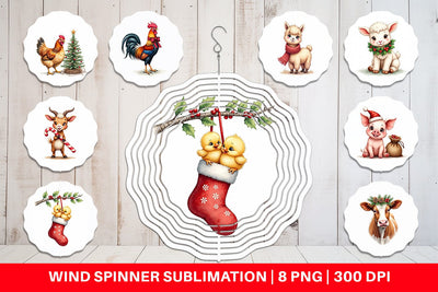 Wind Spinner Rustic Farmhouse Christmas Animals Watercolor Sublimation artnoy 