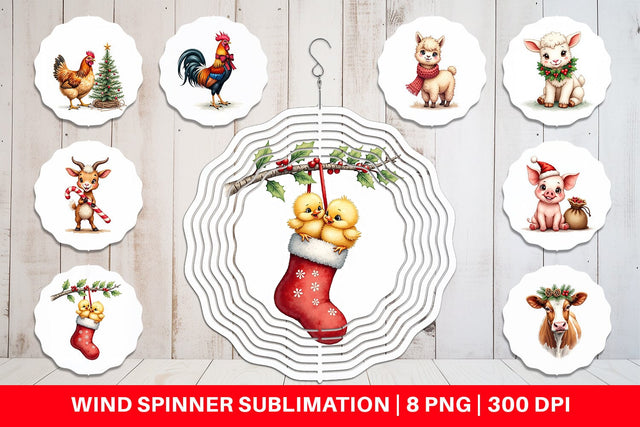 Wind Spinner Rustic Farmhouse Christmas Animals Watercolor Sublimation artnoy 