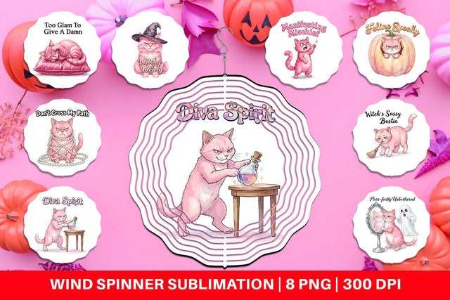 Wind Spinner Sassy Pink Cat Halloween Watercolor Sublimation artnoy 