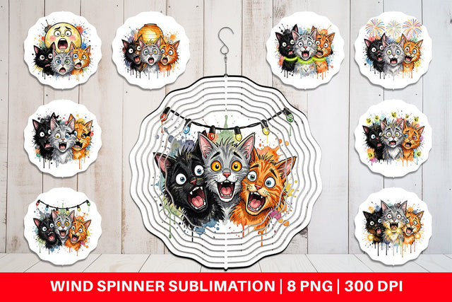 Wind Spinner Summer Night Panic Cats Watercolor Sublimation artnoy 