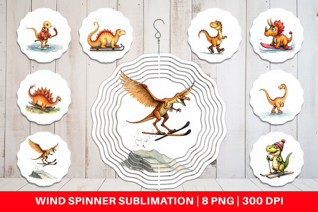 Wind Spinner UglyCute Dinosaur Winter Sports Watercolor Art Sublimation artnoy 