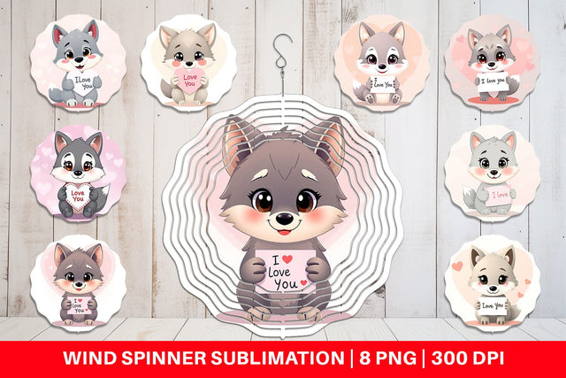 Wind Spinner Valentine Wolf Cartoon Sublimation artnoy 