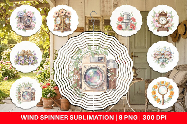 Wind Spinner Vintage Camera And Floral Watercolor Sublimation artnoy 
