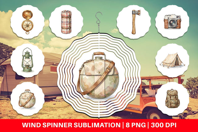 Wind Spinner Vintage Camp Gear Watercolor Sublimation artnoy 