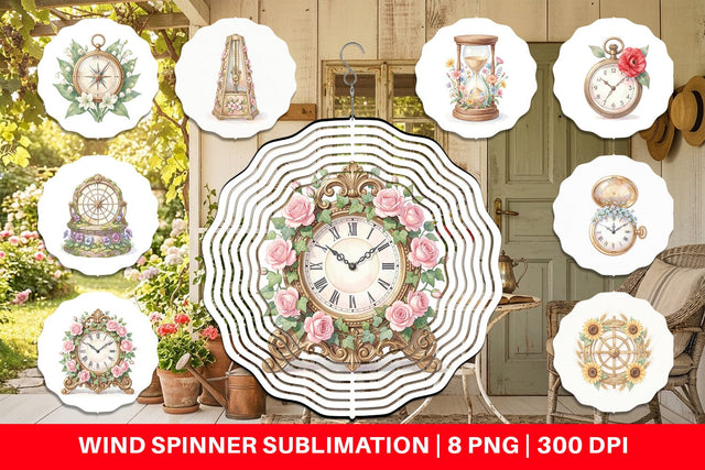 Wind Spinner Vintage Clock And Floral Watercolor Sublimation artnoy 