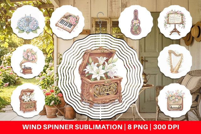 Wind Spinner Vintage Music And Floral Watercolor Sublimation artnoy 