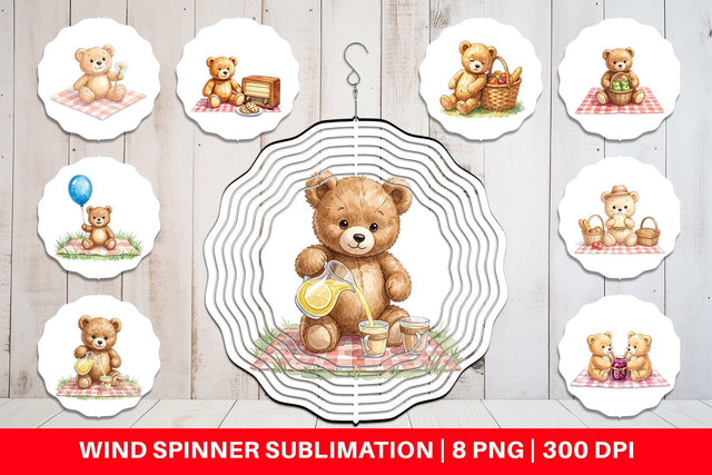 Wind Spinner Vintage Teddy Bear Picnic Watercolor Sublimation artnoy 
