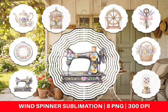 Wind Spinner Vintage Tools And Floral Watercolor Sublimation artnoy 