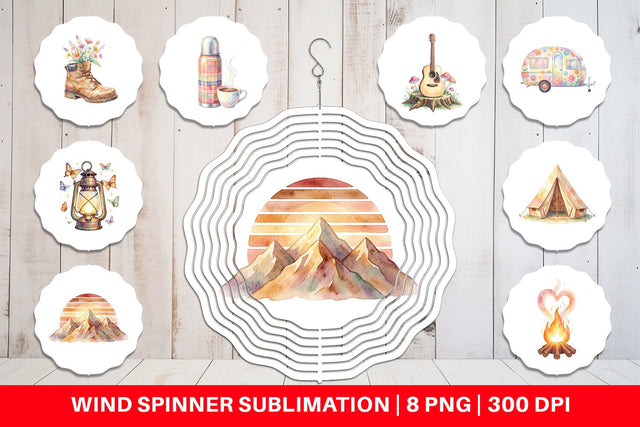 Wind Spinner Watercolor 70s Retro Camping Adventure Sublimation artnoy 