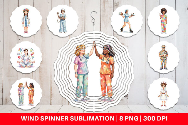 Wind Spinner Watercolor 70s Retro Nurse Characters Sublimation artnoy 
