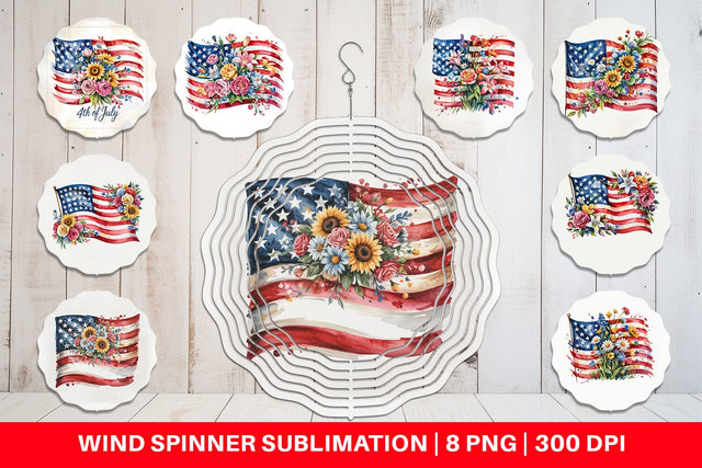 Wind Spinner Watercolor American Flag Floral Sublimation artnoy 