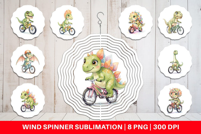 Wind Spinner Watercolor Big Eye Dinosaur Biking Art Sublimation artnoy 