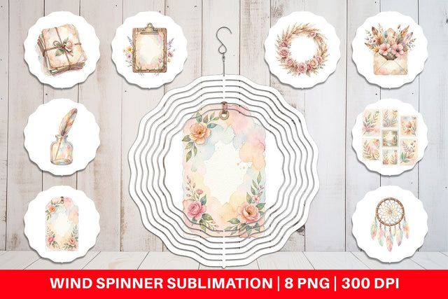 Wind Spinner Watercolor Boho Floral Junk Journal Art Sublimation artnoy 