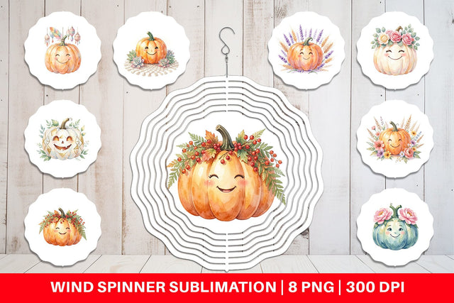 Wind Spinner Watercolor Boho Floral Smiling Pumpkin Sublimation artnoy 