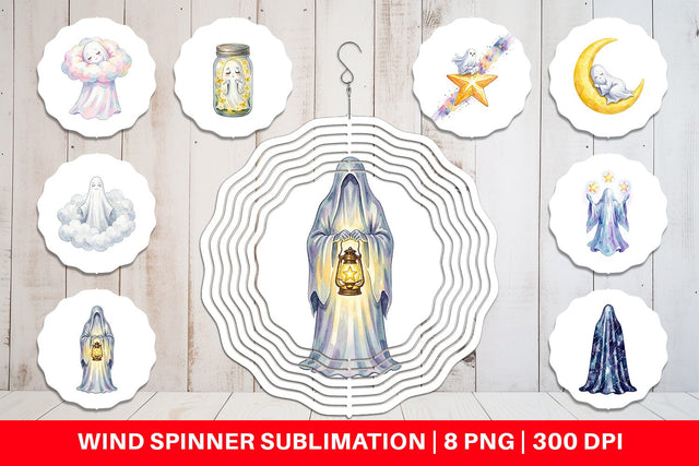 Wind Spinner Watercolor Celestial Dreaming Moon Ghost Sublimation artnoy 