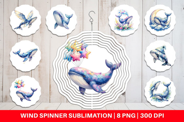 Wind Spinner Watercolor Celestial Whale Moon Star Sublimation artnoy 