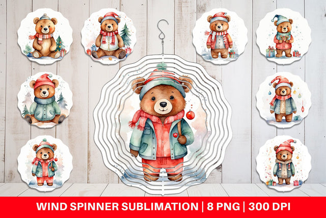 Wind Spinner Watercolor Christmas Bear Sublimation artnoy 
