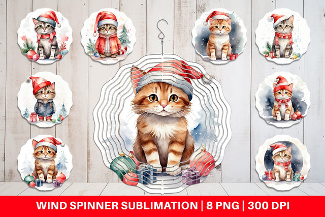 Wind Spinner Watercolor Christmas Cat Sublimation artnoy 