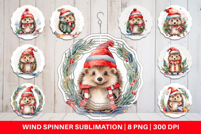 Wind Spinner Watercolor Christmas Hedgehog Sublimation artnoy 