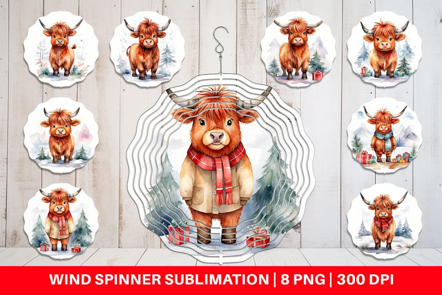 Wind Spinner Watercolor Christmas Highland Cow Sublimation artnoy 