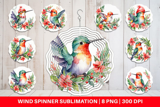 Wind Spinner Watercolor Christmas Hummingbird Sublimation artnoy 