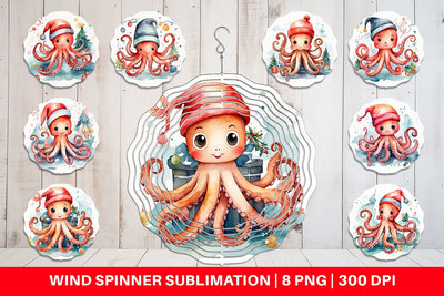 Wind Spinner Watercolor Christmas Octopus Sublimation artnoy 