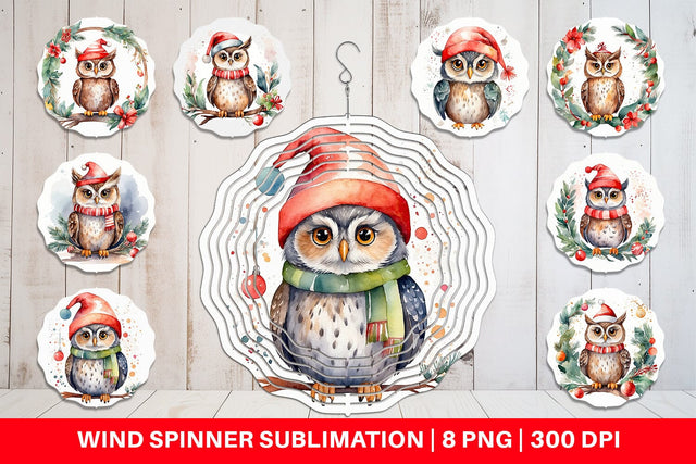 Wind Spinner Watercolor Christmas Owl Sublimation artnoy 