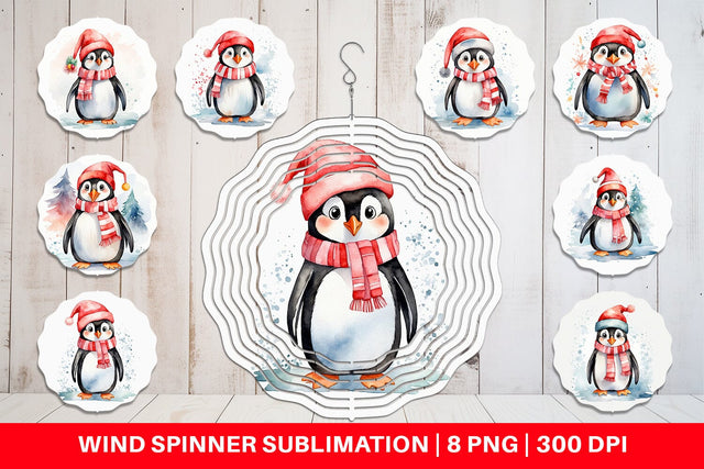 Wind Spinner Watercolor Christmas Penguin Sublimation artnoy 