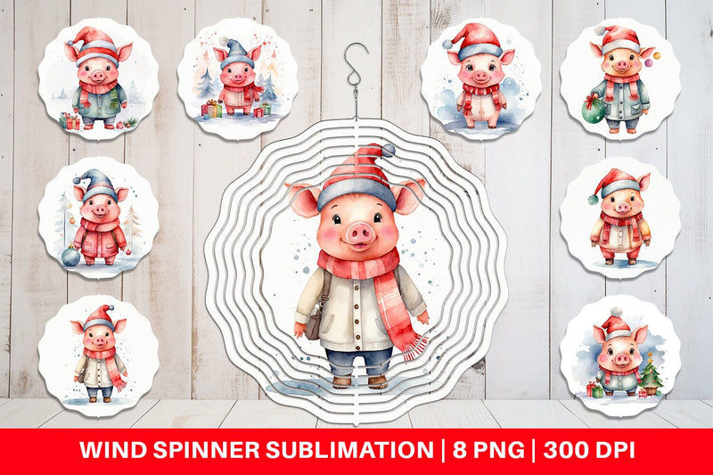 Wind Spinner Watercolor Christmas Pig Sublimation artnoy 