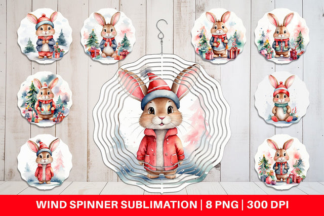 Wind Spinner Watercolor Christmas Rabbit Sublimation artnoy 