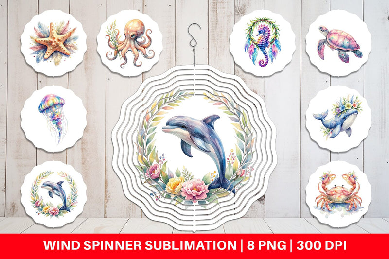 Wind Spinner Watercolor Cute Baby Ocean Animals Sublimation artnoy 
